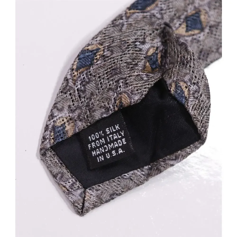 Alan Flusser Gray Abstract Geometric Print Italian Silk Necktie Tie